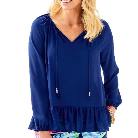Lilly Pulitzer Tensley Peplum Hem Peasant blouse Navy Size Small - Picture 8 of 8